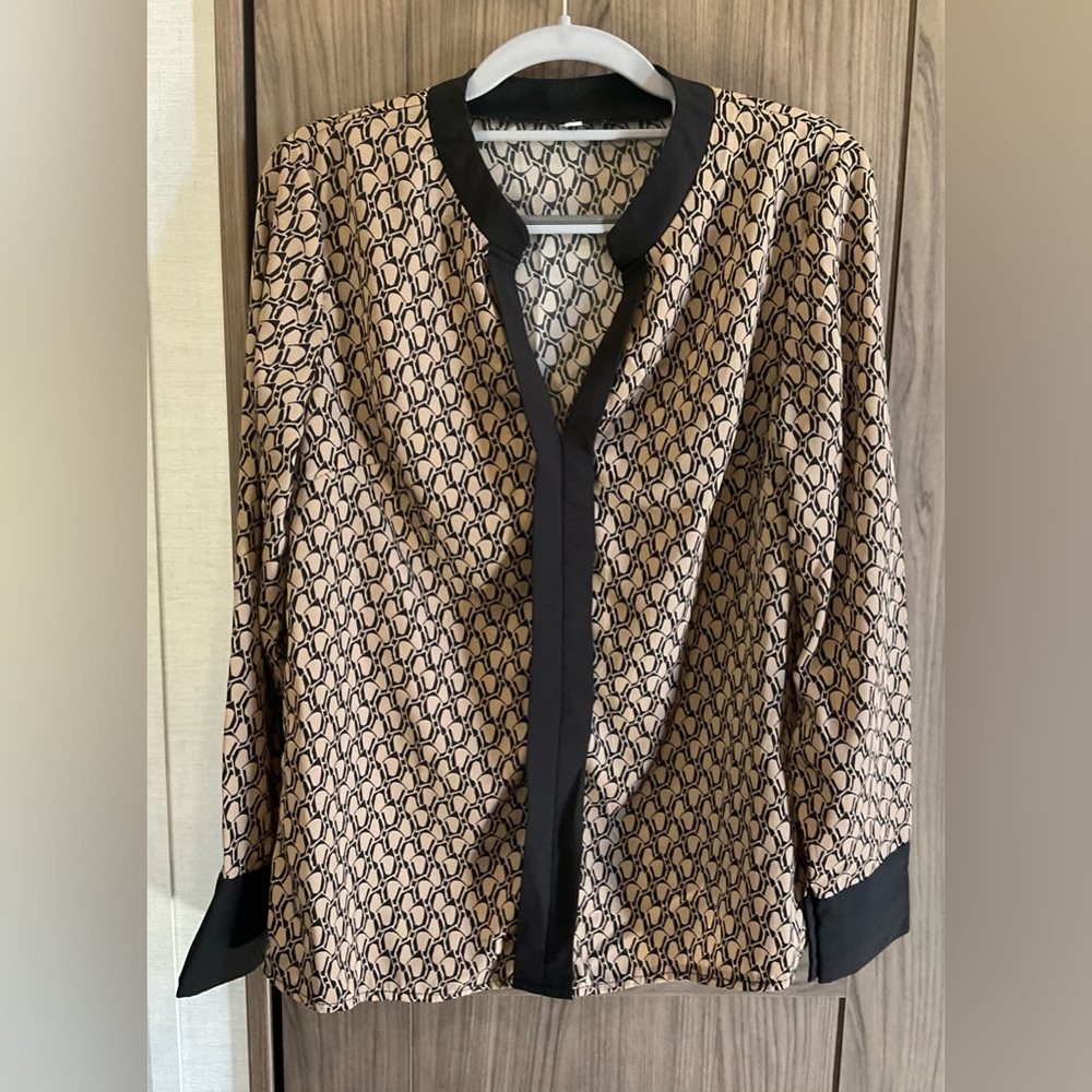 Composition Womens Long Sleeve V Neck Brown/ Black Blouse Size S